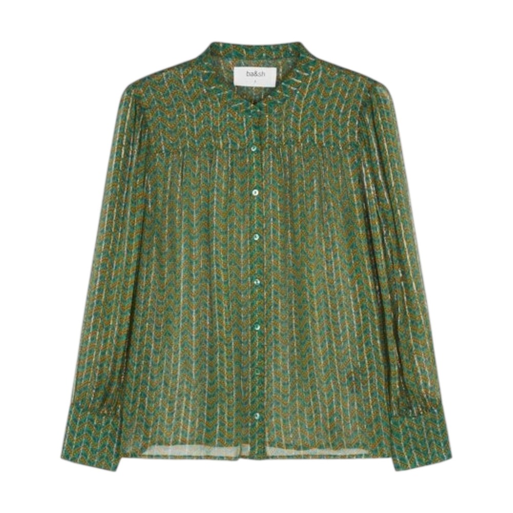 ba&sh Wize Metallic Chevron Print Blouse Sheer Green Size 1 S Boho Parisian Chic